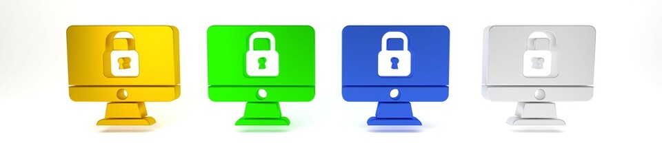Poster - Colorful Lock on computer monitor screen icon isolated on white background. Security, safety, protection concept. Safe internetwork. Minimalism concept. 3D render illustration