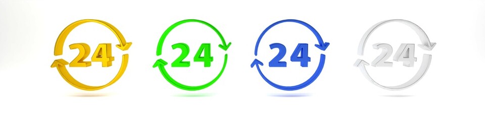 Poster - Colorful Clock 24 hours icon isolated on white background. All day cyclic icon. 24 hours service symbol. Minimalism concept. 3D render illustration