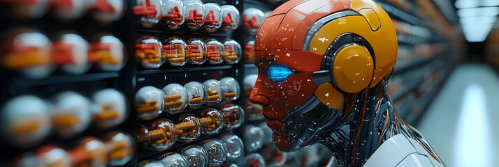 Poster - A highly detailed image depicting a futuristic cyborg robot with advanced intelligence technology control panel. The robot appears to be a sophisticated military or industrial machine.