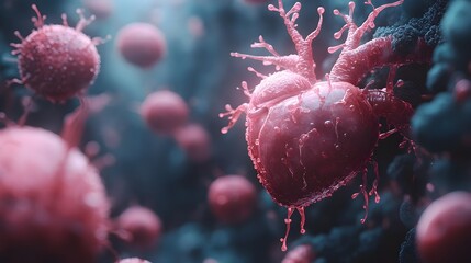 Leinwandbilder - A highly magnified and detailed view of a striking viral cell structure,revealing its intricate,complex,and colorful microanatomy in vivid shades of pink,red,and teal.