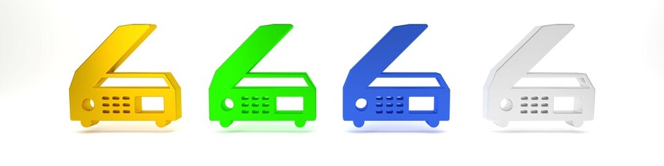 Poster - Colorful Scanner icon isolated on white background. Scan document, paper copy, print office scanner. Minimalism concept. 3D render illustration
