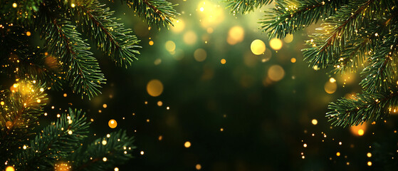 Poster - Pine branches frame a blurry background of golden lights, creating a festive and magical atmosphere