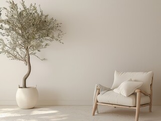 Minimalist living room interior with a white armchair. a potted olive tree. and a blank wall