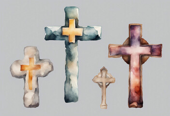 Set of various watercolour stone Christian cross symbol of religion isolated on transparent backgrou