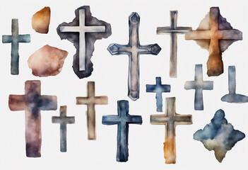 Set of various watercolour stone Christian cross symbol of religion isolated on transparent backgrou