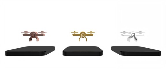 Poster - Colorful Drone flying icon isolated on white background. Quadrocopter with video and photo camera symbol. Minimalism concept. 3D render illustration