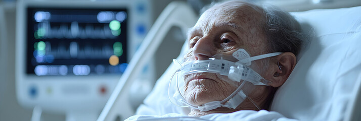 Poster - An elderly man lying in a hospital bed,critically ill and receiving intensive medical care and life-support equipment such as oxygen tubes,monitors,and other medical devices.