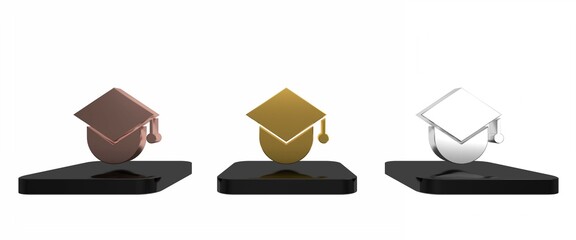 Poster - Colorful Graduation cap on globe icon isolated on white background. World education symbol. Online learning or e-learning concept. Minimalism concept. 3D render illustration