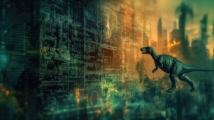Poster - displaying complex programming code, with softly blurred images of dinosaurs peeking from the edges