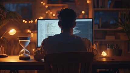 A man is sitting at a desk with a computer monitor in front of him