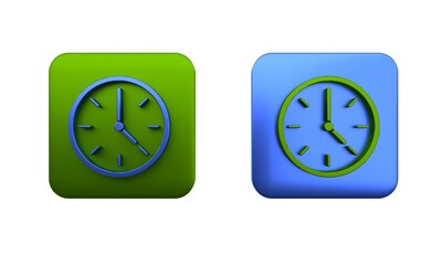 Poster - Colorful Clock icon isolated on white background. Time symbol. Square button. 3D render illustration