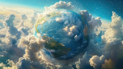 Poster - An eye-catching depiction of Planet Earth from a cosmic perspective, featuring fluffy clouds surrounding the land areas of Europe, part of Africa, and Asia.