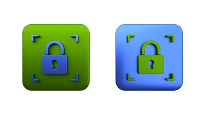 Poster - Colorful Fingerprint with lock icon isolated on white background. ID app icon. Identification sign. Touch id. Square button. 3D render illustration