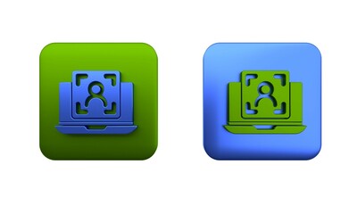 Poster - Colorful Laptop with face recognition icon isolated on white background. Face identification scanner icon. Facial id. Cyber security concept. Square button. 3D render illustration
