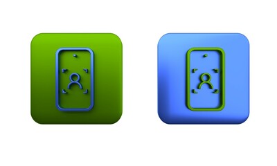 Poster - Colorful Mobile phone and face recognition icon isolated on white background. Face identification scanner icon. Facial id. Cyber security. Square button. 3D render illustration