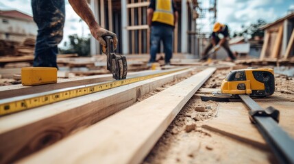 construction workers measuring and cutting wooden beams on a site