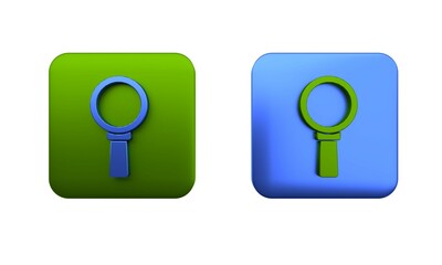 Poster - Colorful Magnifying glass icon isolated on white background. Search, focus, zoom, business symbol. Square button. 3D render illustration