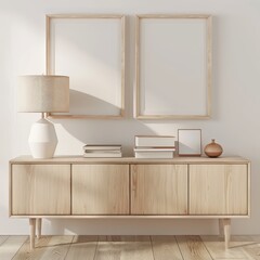 A minimalist living room with a wooden cabinet. two empty frames on the wall. a lamp. and books on the cabinet