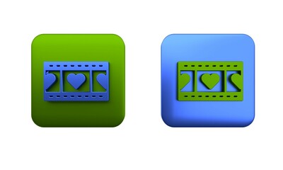 Poster - Colorful Play Video with heart icon isolated on white background. Film strip sign. Square button. 3D render illustration