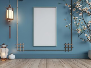 A blank canvas mockup in an Asian-inspired room with blue walls. wooden floors. and a decorative lantern hanging from the ceiling The room is decorated with cherry blossoms and a traditional Chinese v