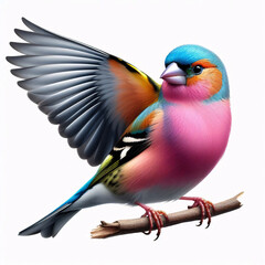 A vibrant bird with pink, blue, and green feathers perches on a branch, one wing outstretched