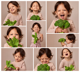 set of portraits of happy child girl with fresh green broccoli and salad on beige background. healthy baby food. kid loves vegetables