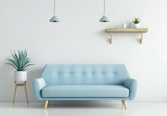 A minimalist living room with a light blue sofa. two pendant lights. a wooden shelf. and a potted plant