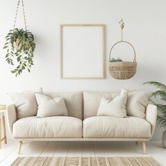 a white couch with throw pillows and a rug sits in front of a white wall with two hanging plant bask