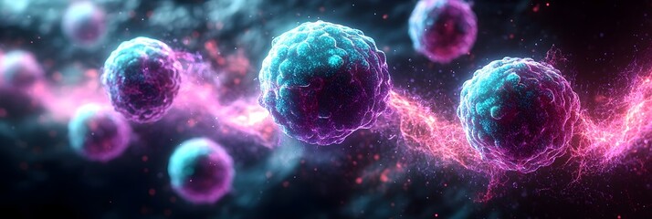 Aufkleber - Captivating Microscopic Universe:Glowing Cellular Structures in Vibrant Digital Surrealism. An abstract.