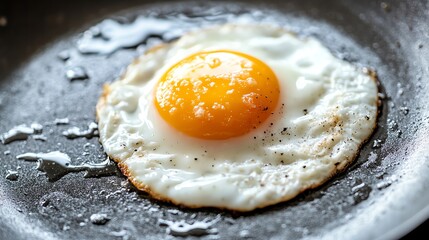 A perfectly cooked fried egg in a pan.