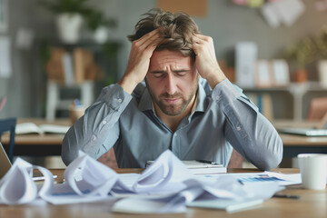 A businessman writing on paper is sitting on the desk.