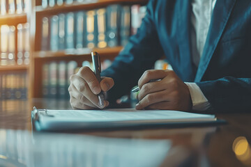 A businessman writing on paper is sitting on the desk.