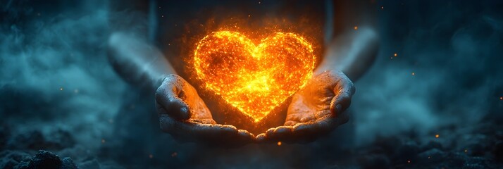 Poster - Closeup of a glowing,fiery heart-shaped orb or sphere held in the hands,symbolizing intense passion,love,energy,and warmth. The flames and embers of the burning fire create a radiant.