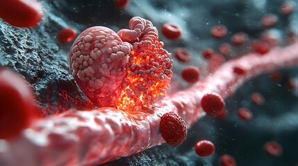 Poster - Closeup view of a glowing red cellular plasma sphere or molecule against a dark digital microscopic science background with abstract patterns and textures. Represents medical research,biology.