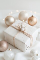 Elegant Christmas gift box wrapped in white paper with gold ribbon surrounded by festive baubles and lights, holiday decor concept