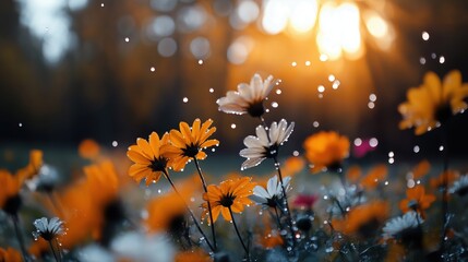 Wall Mural - Vibrant orange and yellow flowers with dewdrops in a field during sunrise or sunset, with blurred bokeh lights in the background creating a serene and dreamy atmosphere.