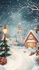 Poster - Snow falling on christmas village with decorated pine tree and street lamp