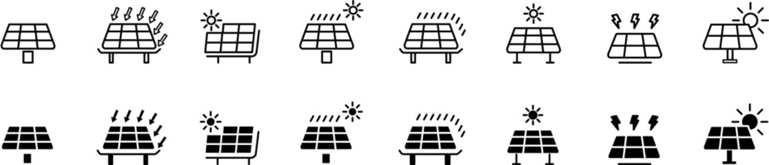 Solar panel collection icon set ecology battery supply from sun for electricity vector illustration design. Green electricity energy icon.