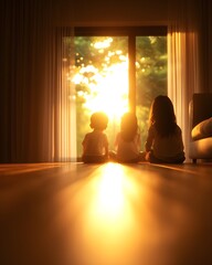 Wall Mural - Children watching a sunset from a cozy indoor space