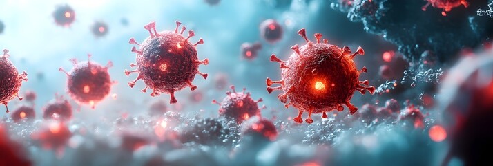 Poster - Detailed 3D rendering of microscopic Covid-19 virus cells with spike proteins on a molecular level.