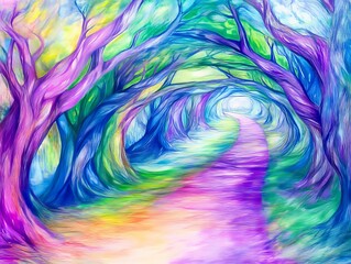 A drawing of a colorful path in the woods