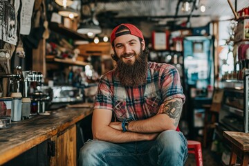 A bearded man wearing a cap and plaid shirt smiles in a rustic cafe environment.