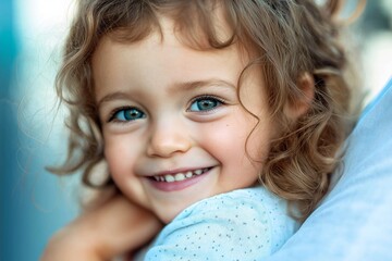 A cheerful toddler with adorable curls smiles broadly in close-up shot, representing youthful innocence and joyfulness.