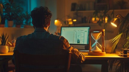 Poster - A man is sitting at a desk with a laptop and a sand timer