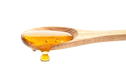 Poster - Golden honey dripping from a wooden dipper isolated png