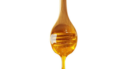 Poster - Golden honey dripping from a wooden dipper isolated png