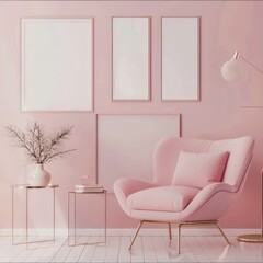 A pink living room with a comfortable armchair. two side tables. a vase with twigs. and three empty picture frames on the wall