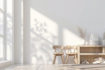 A minimal and stylish living room interior with two wooden chairs. a wooden shelf. a vase with dried flowers. a window with natural light. and a white wall with shadows