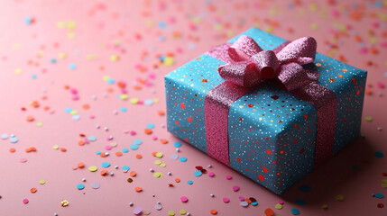 Gift box with colorful party items on pink background
