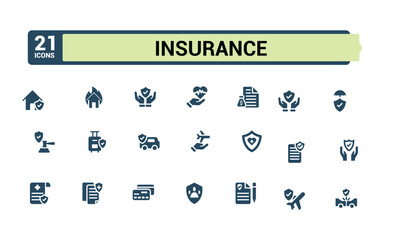 Insurance solid icons set. Related to assurance, home, business, protect, health, disability, deposit, property. Filled symbol collection. Vector illustration.